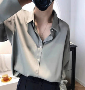 Women's High-grade Green Satin Shirt