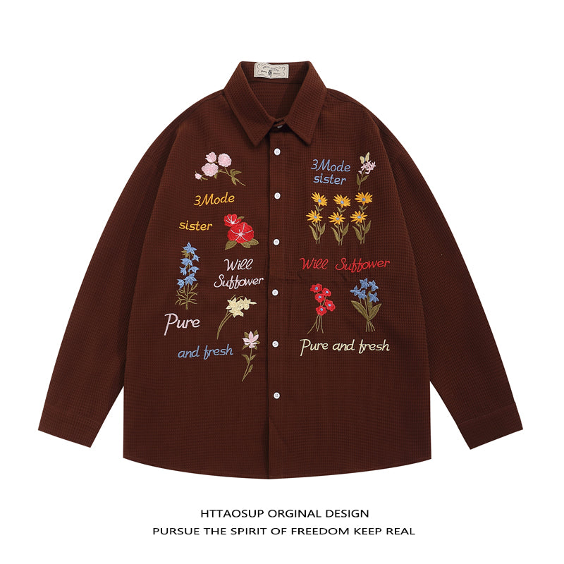 Retro Bear Embroidery Short Sleeve Plaid Shirt Summer Clothing