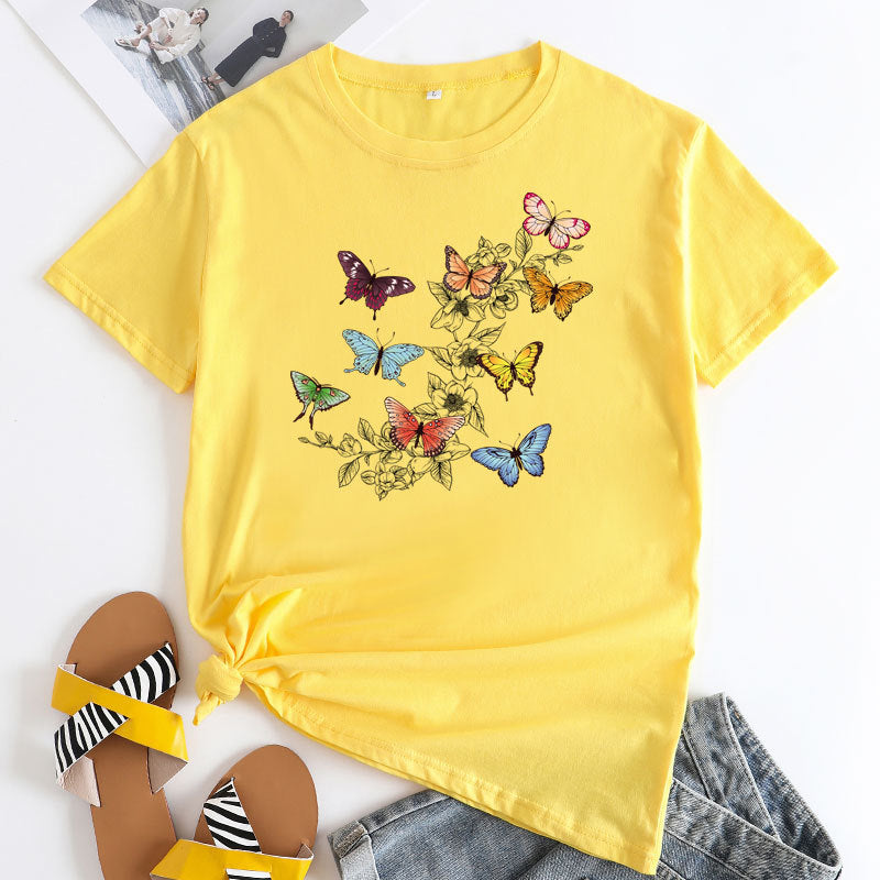 Butterfly Print Love Cotton Short-sleeved T-shirt For Women