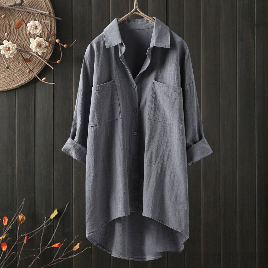 Casual style solid color shirt cotton and linen shirt