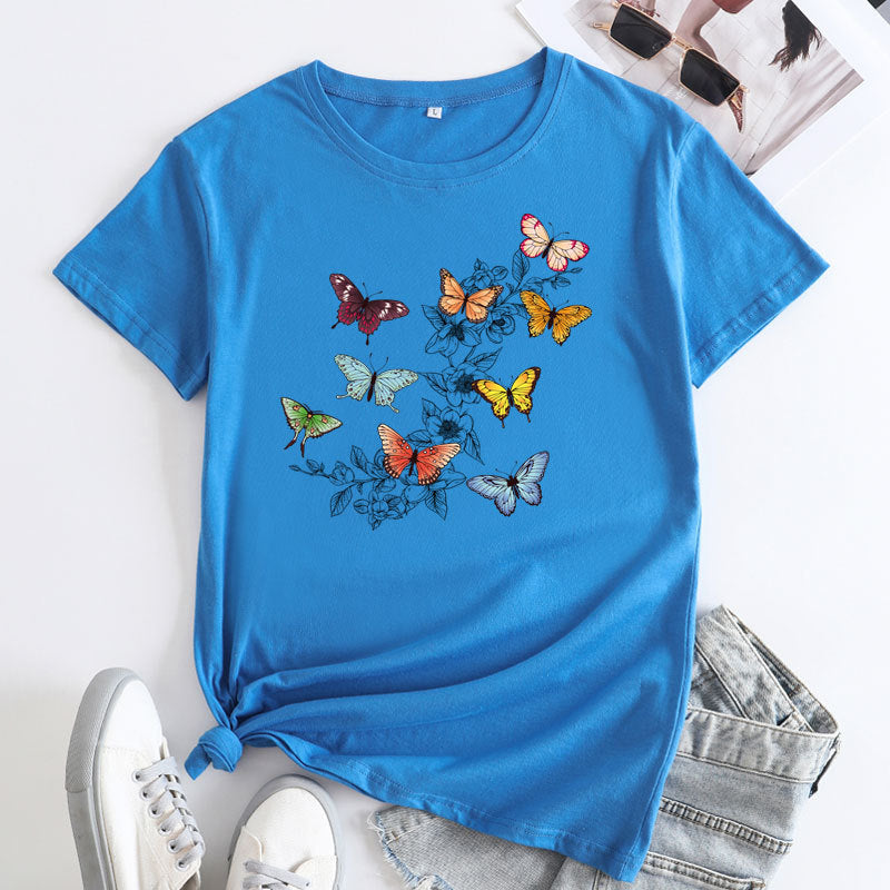 Butterfly Print Love Cotton Short-sleeved T-shirt For Women
