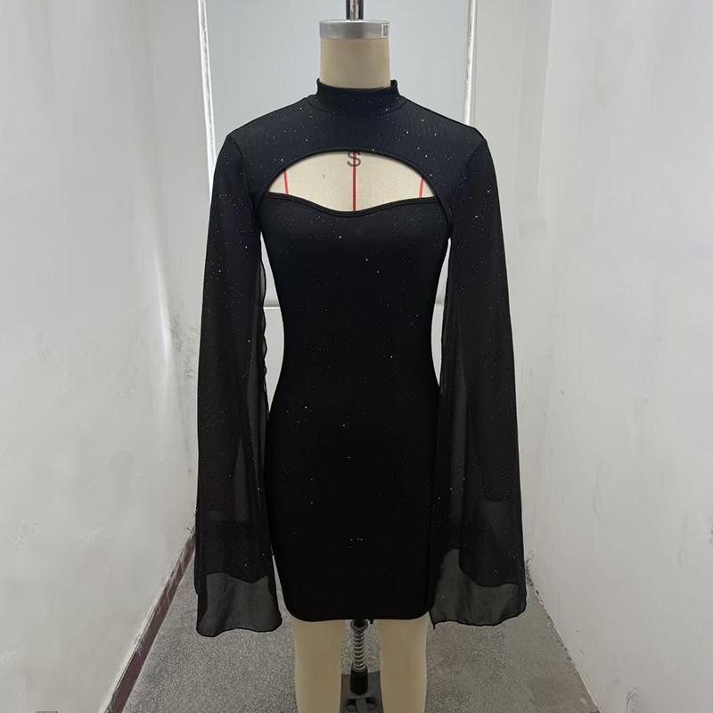 Women's Sparkly Bodycon Mini Dress, Mock Neck Cloak Sleeve Cocktail Dress