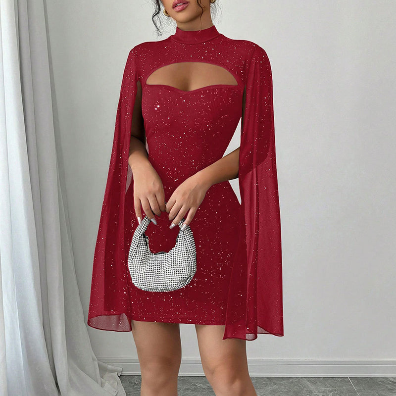 Women's Sparkly Bodycon Mini Dress, Mock Neck Cloak Sleeve Cocktail Dress