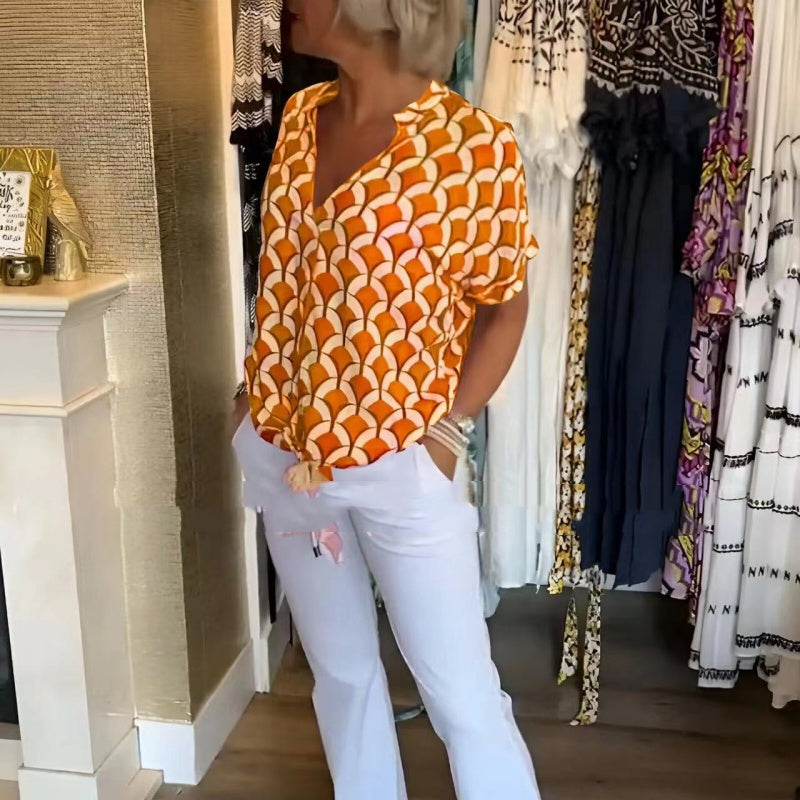 Women's Shirt Summer V-neck Fashion Elegant Printed Shirt