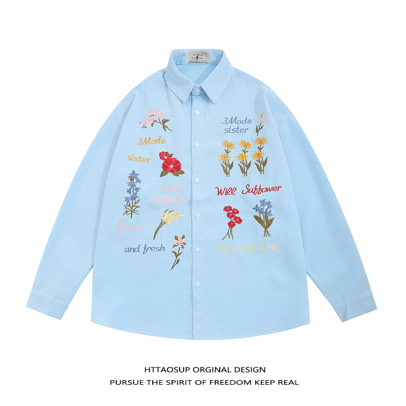 Retro Bear Embroidery Short Sleeve Plaid Shirt Summer Clothing