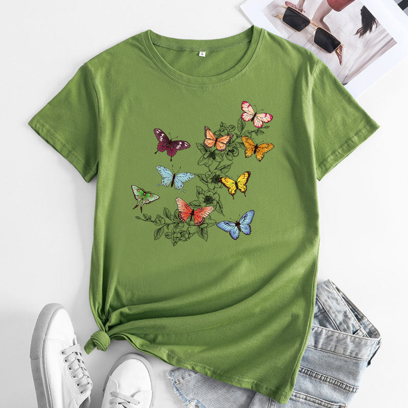 Butterfly Print Love Cotton Short-sleeved T-shirt For Women