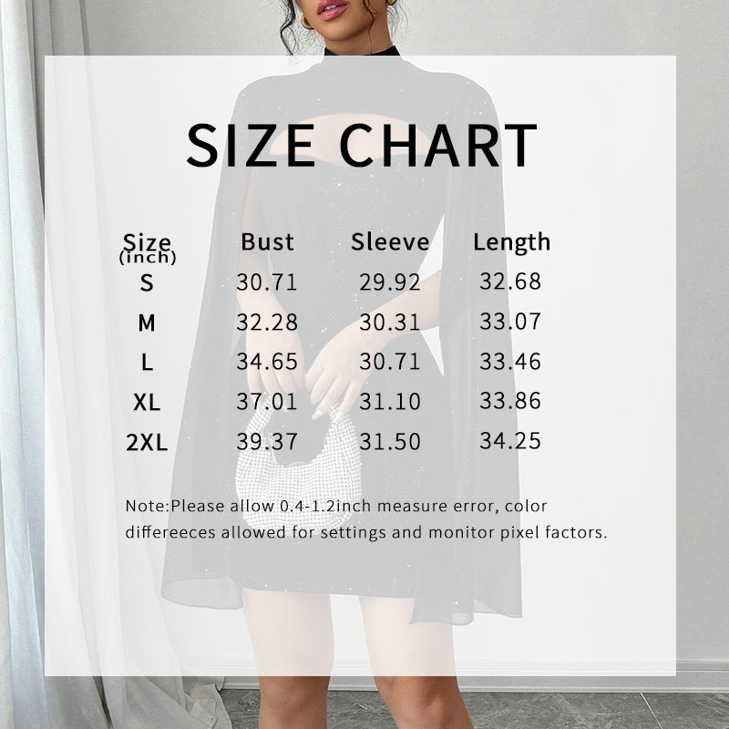 Women's Sparkly Bodycon Mini Dress, Mock Neck Cloak Sleeve Cocktail Dress