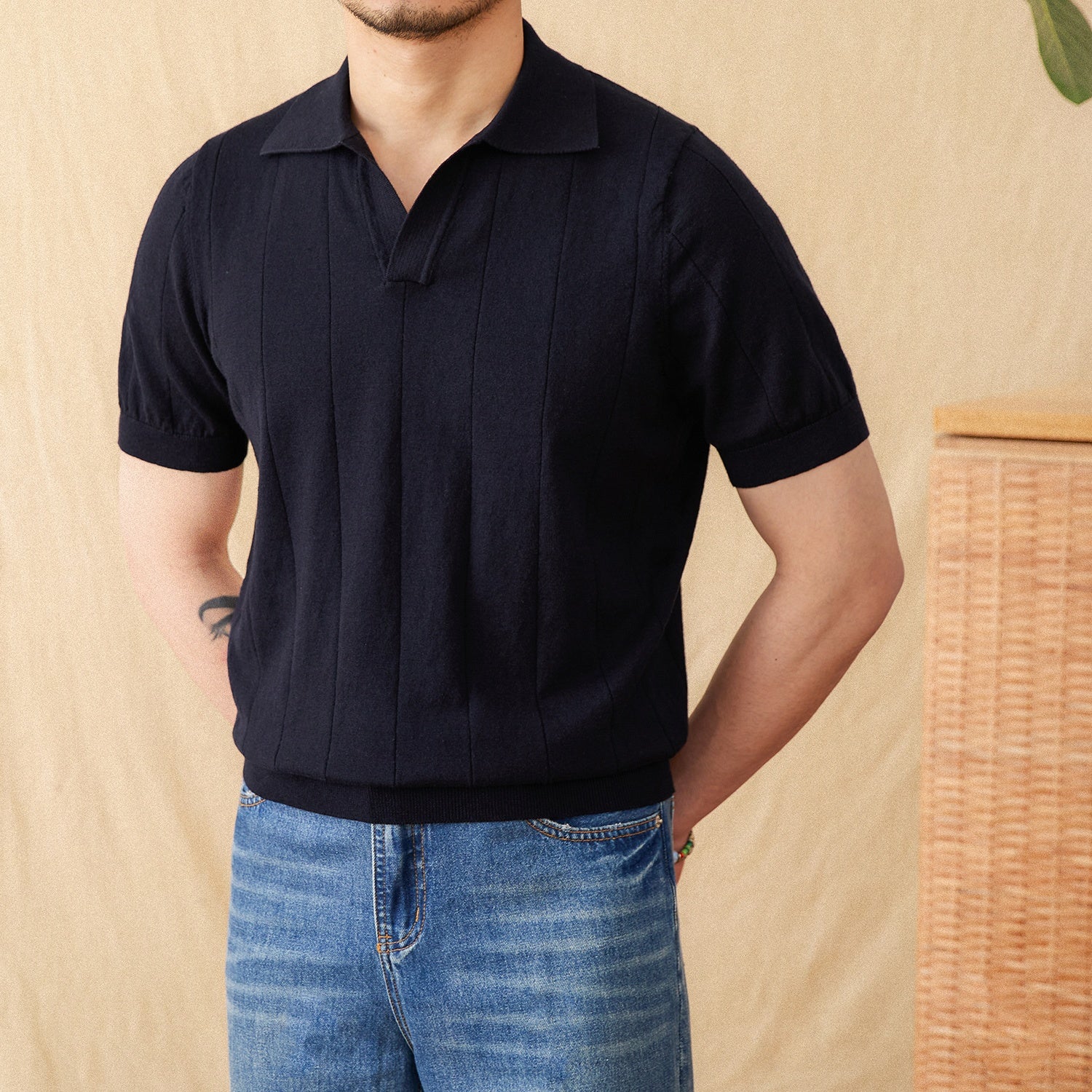 Cotton And Linen Sunken Stripe Knitted Short Sleeve POLO Seagull Collar Top