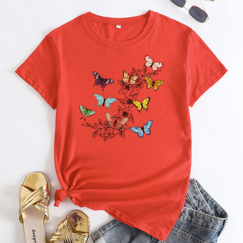 Butterfly Print Love Cotton Short-sleeved T-shirt For Women