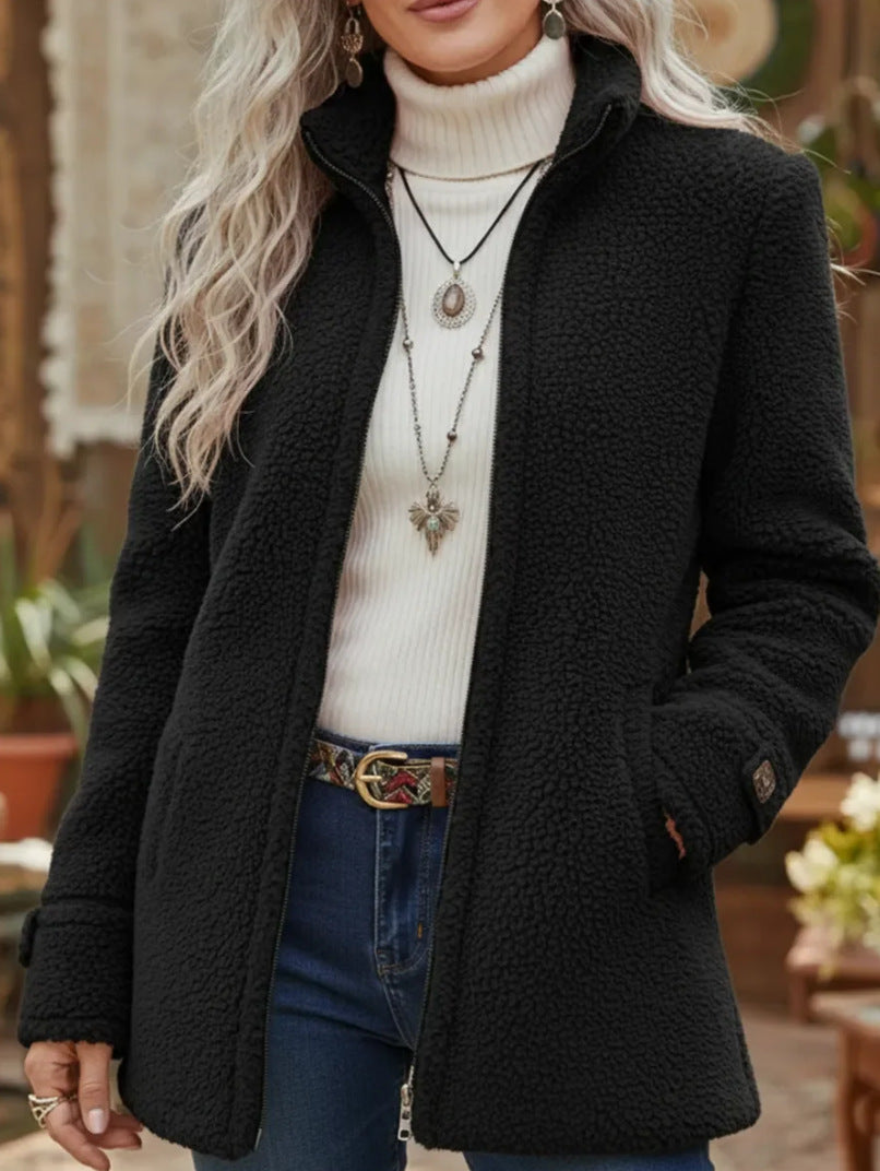 Womens Stand-Up Collar Solid-Color Loose Casual Long-Sleeve Fleece Zip-Up Jacket