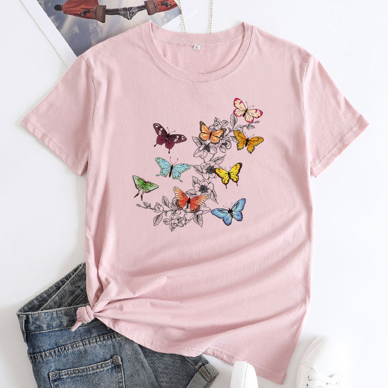 Butterfly Print Love Cotton Short-sleeved T-shirt For Women