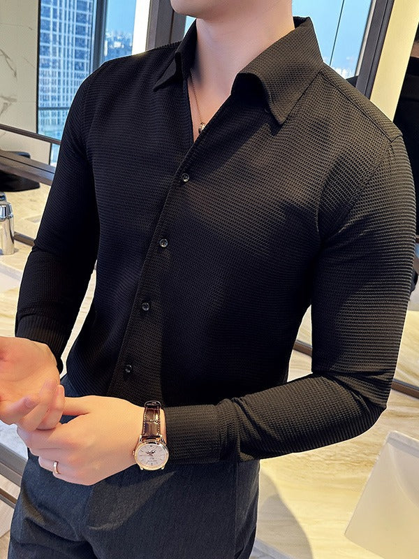 Waffle V-neck Thick Long Sleeves Shirt