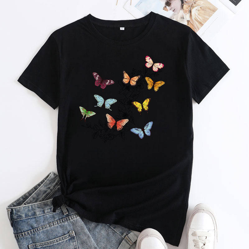 Butterfly Print Love Cotton Short-sleeved T-shirt For Women