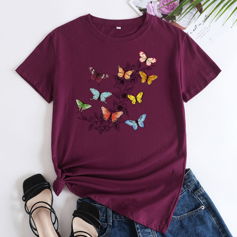 Butterfly Print Love Cotton Short-sleeved T-shirt For Women