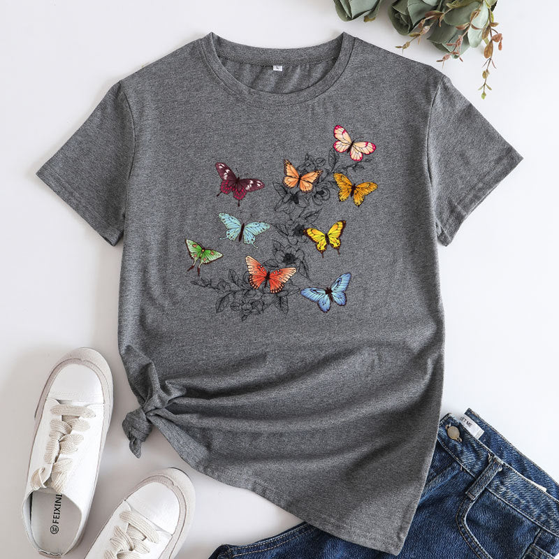 Butterfly Print Love Cotton Short-sleeved T-shirt For Women
